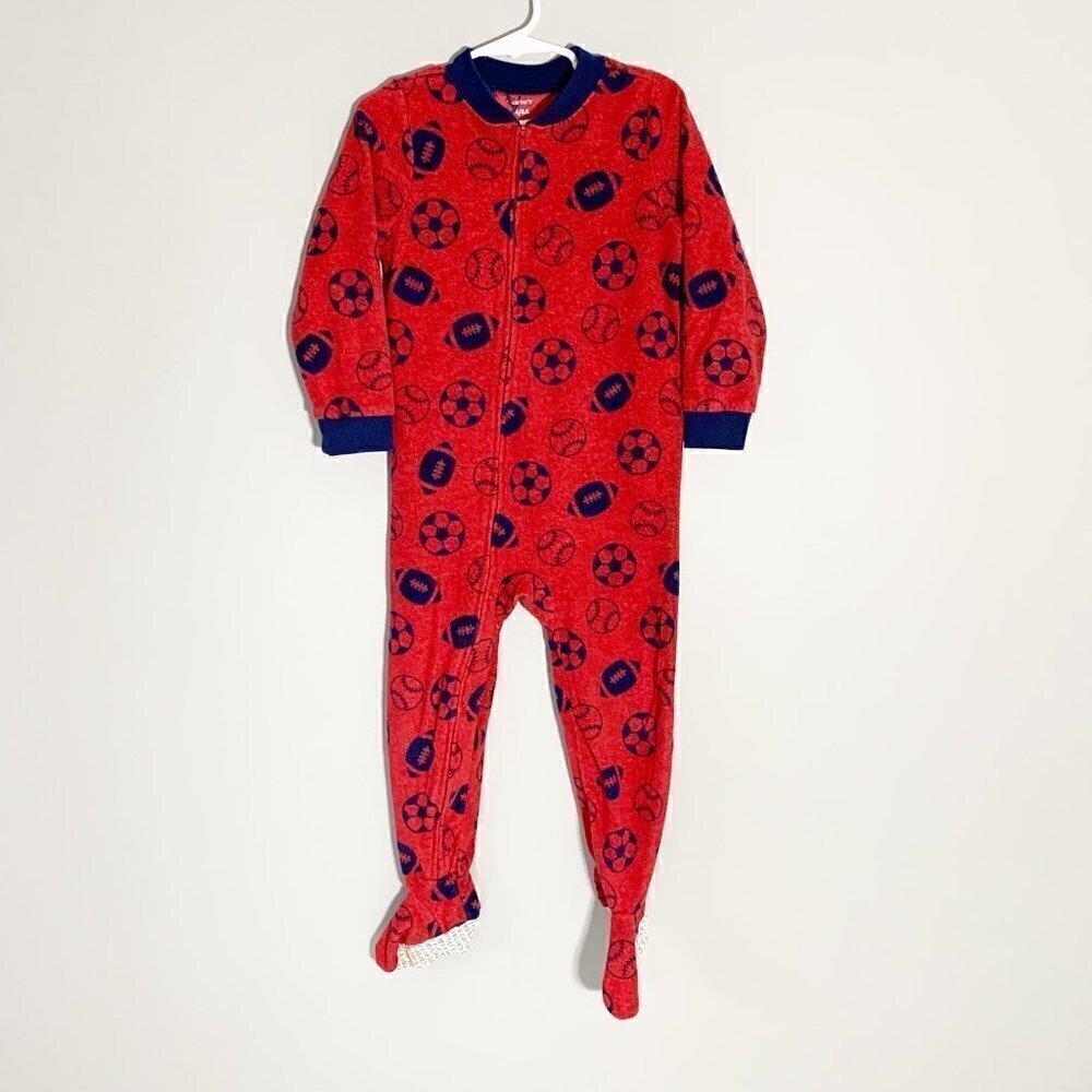 5/$25 Carter's Boys Red Blue Fleece Sports Ball‎ Footed Pajamas Sleeper Size 4